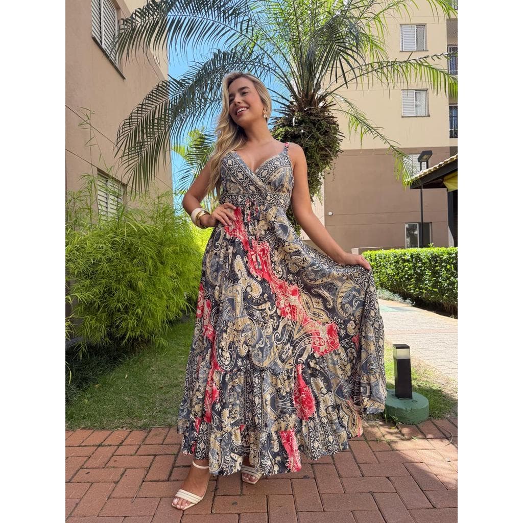 Vestido Indiano Feminino Longo Estampado Com Alça Regulável