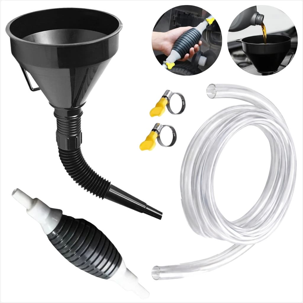 Kit Funil Automotivo Com Bomba Sifão Manual Para Gasolina Óleo Etanol Água
