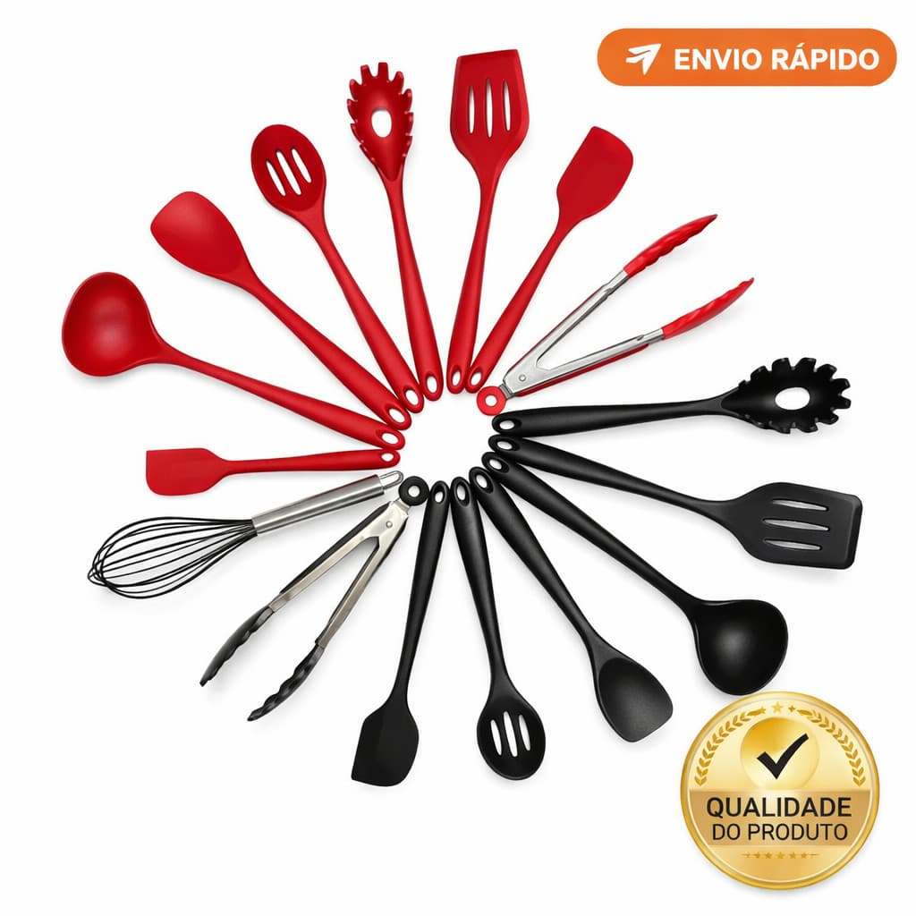 Kit 10 Peças Colheres De Silicone Cabo Inox Utensílios Cozinha Culinaria