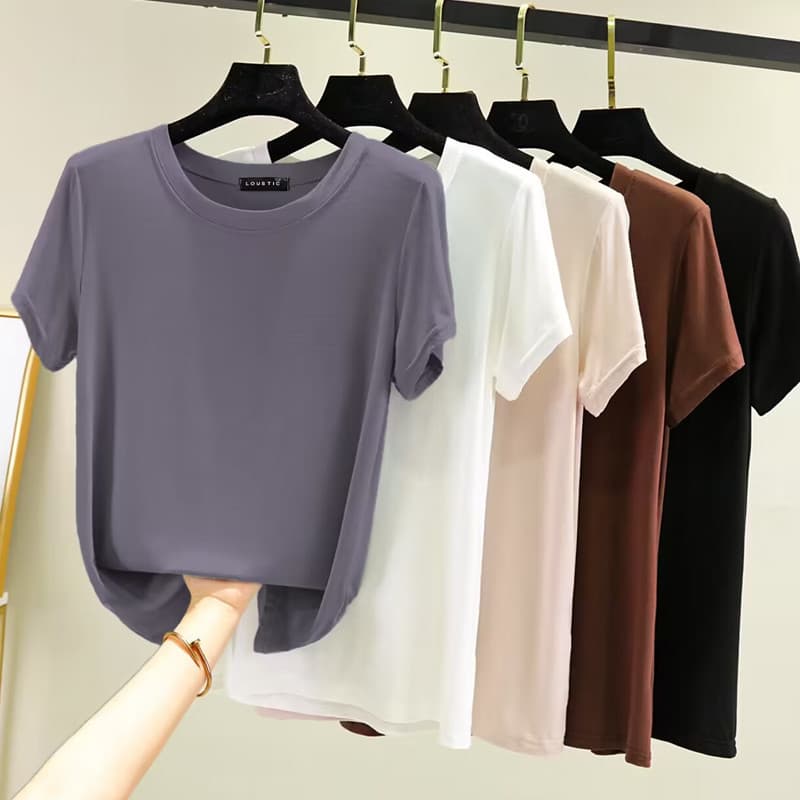 Fino simples Modal em torno do pescoço de manga curta camiseta feminina verão Plus Size camisa de fundo interno All-Matc