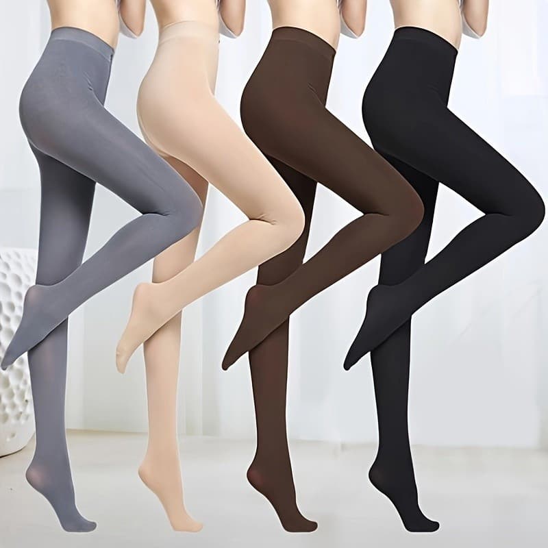 4 Pares de Meias-Calças Transparentes para Mulheres - Cor da Pele, Cinza, Marrom, Preto - Base de Veludo Anti-Rasgos, Mi