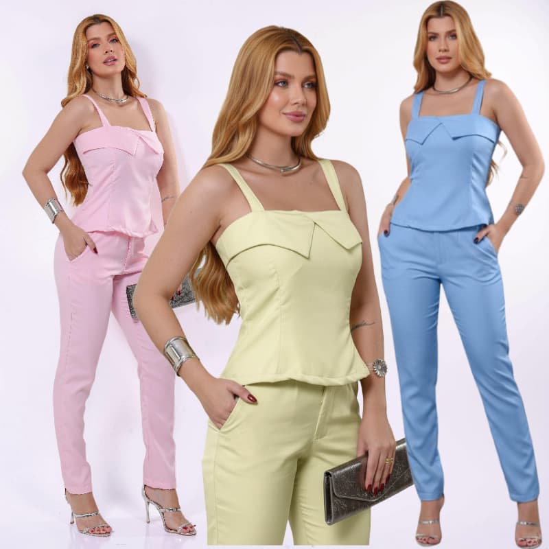 Conjunto Feminino Elegante Blusa Alça Calça Skinny Candy