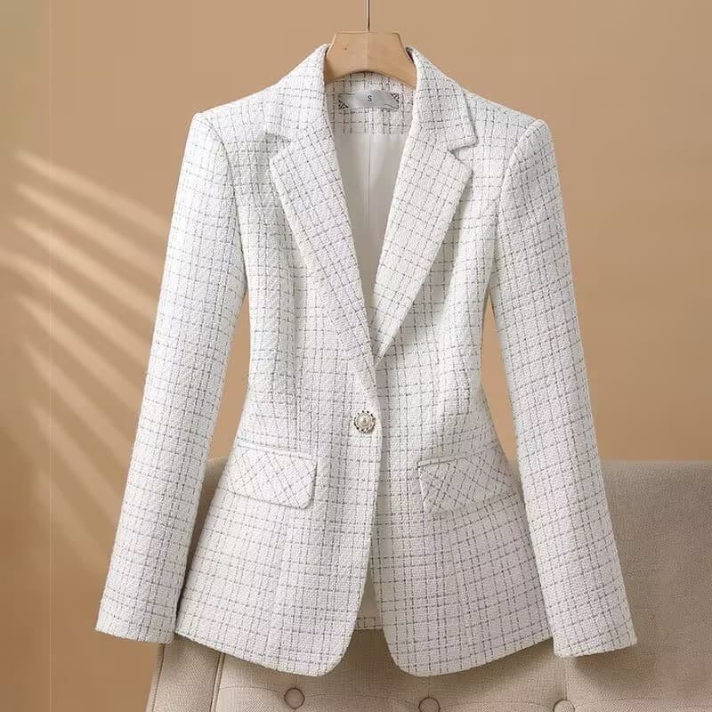 Blazer Feminino Formal de Alta Qualidade, Forrado, Corte Slim, Casual, Xadrez, para Outono/Inverno/Primavera DSPT
