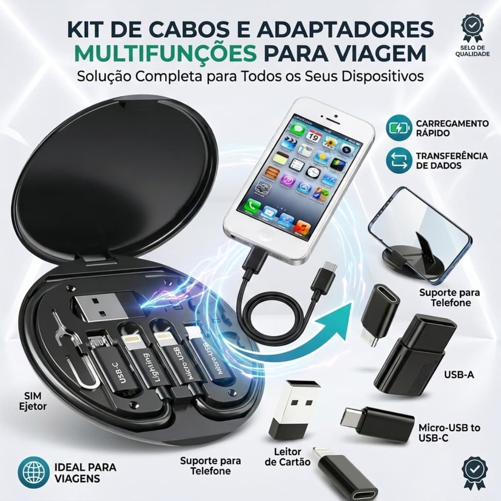 Estojo Multifuncional Para Celular Kit Adaptador Universal E Cabo Cor Preto