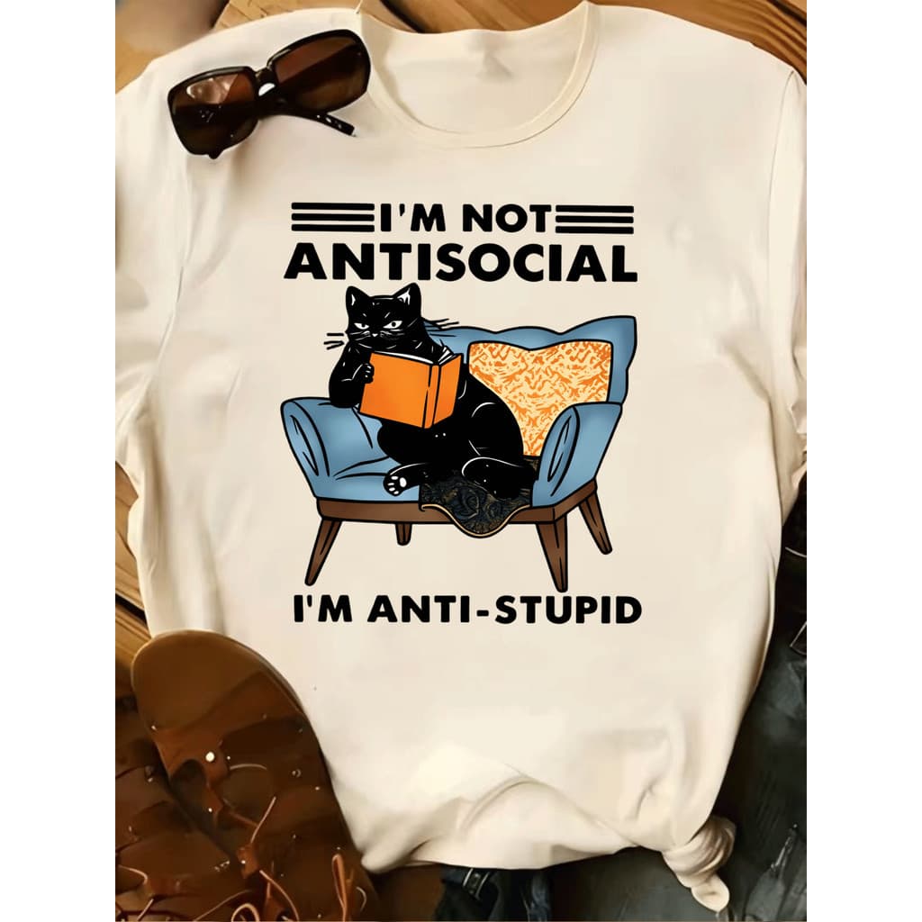 Blusa feminina  Camisola feminina camiseta tema livro gato estampa gato sentado Camisola masculina