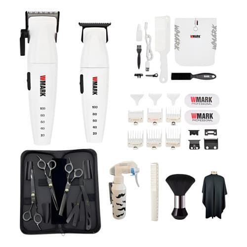 Kit Barbeiro Wmark NG-2038 NG-325 Máquina Corte Acabamento Profissional Com Tesoura Acessórios Branco
