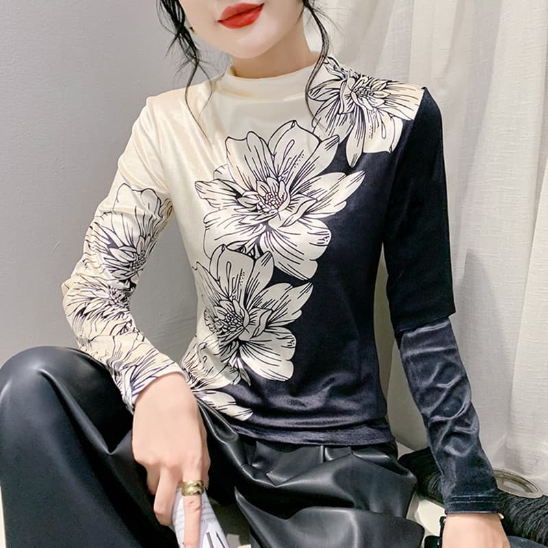Retro pintura a tinta impressa camiseta feminina de manga comprida estilo ocidental veludo meia gola alta camisa de fund