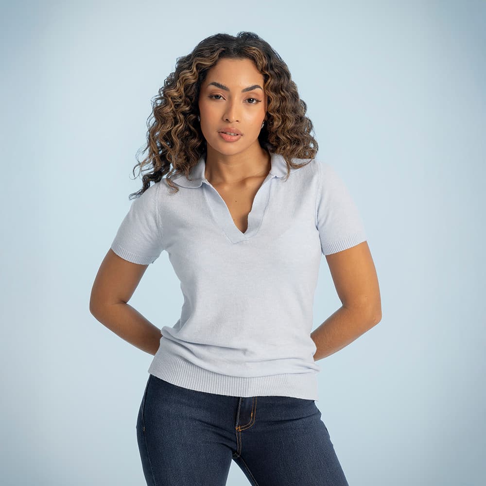Camiseta Polo Feminina Azul Gola V