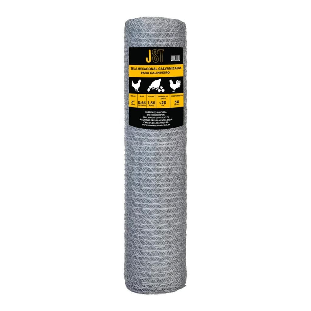 Tela Galinheiro Galvanizada JST 1,50x50m Fio 23 Malha 2 Pol para Cercamento Rural, Horta