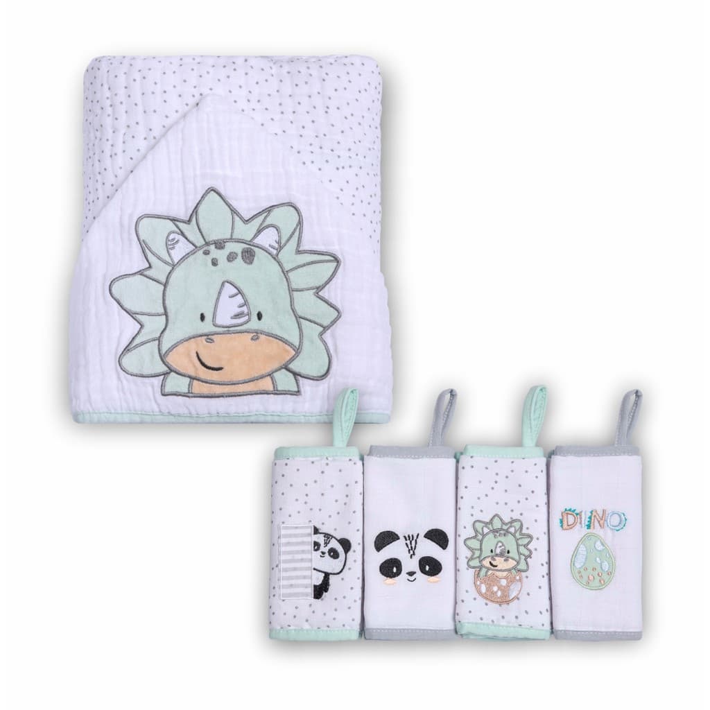 Kit Toalha de Banho com Capuz 90x75cm + 4 Paninhos de Boca Papi Friends Soft 100% Algodão (Dino) - Papi