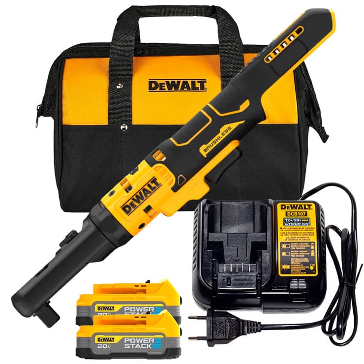 Chave Catraca 3/8" e 1/2" a Bateria 20V MAX + 2 Baterias 20V 1.7Ah PowerStack + Carregador + Bolsa DeWalt DCF510B-B3