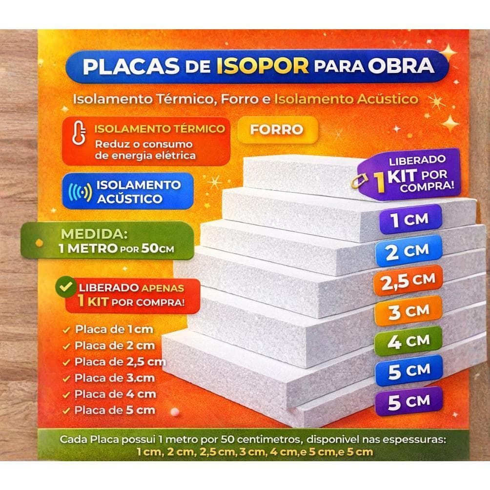 Kits Placas De Isopor Antichamas T1 Ideal Para Isolamento 100cmx50cm Placas para Obra 1cm - 1,5cm - 2cm - 3cm -4cm -5cm