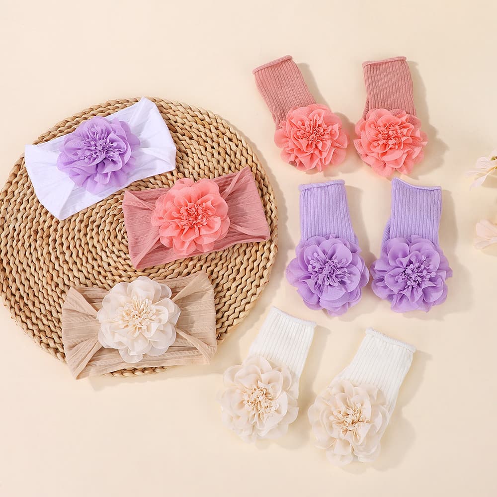 3 Pçs/Set Bebê Flor Bandana Meias Conjunto Infantil Macio Náilon Hairband Menina Elástico Turbante Meia Recém-Nascidos B