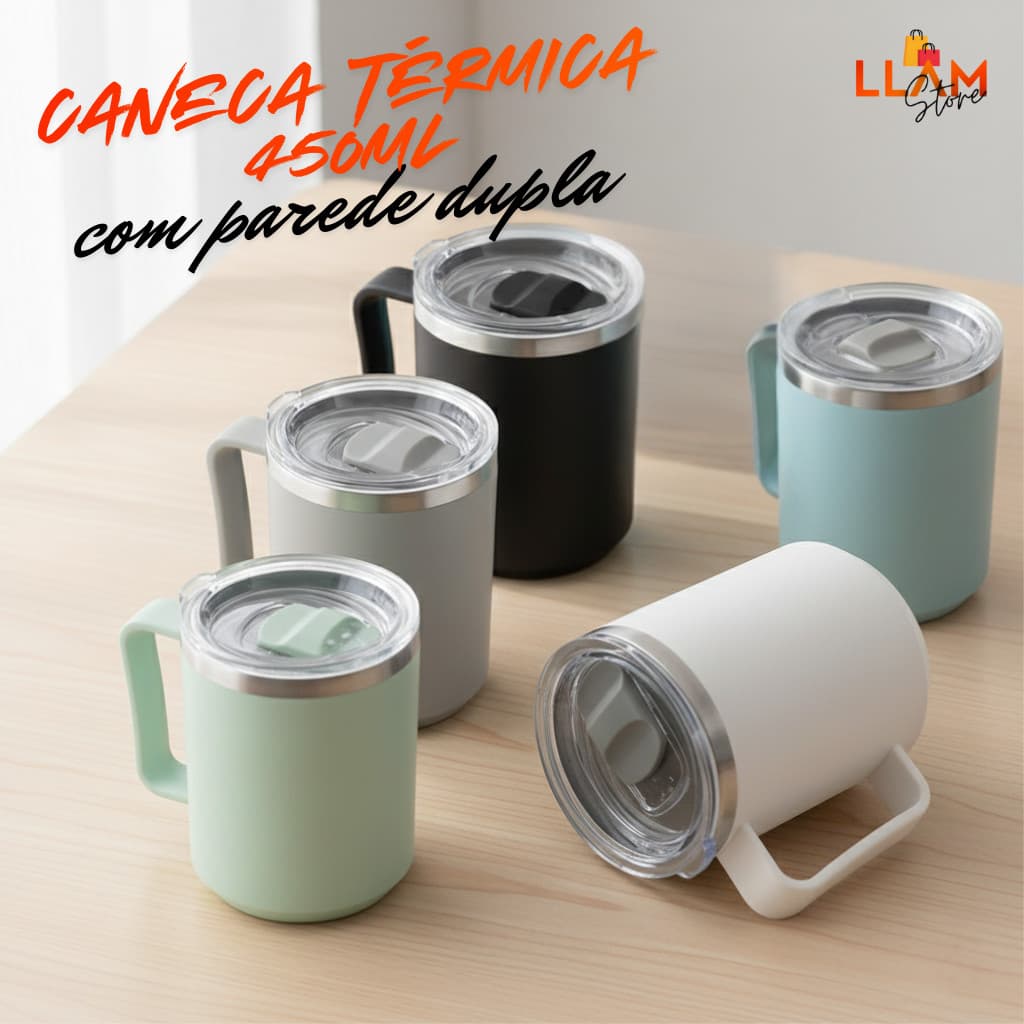 Caneca Térmica 450ml em Aço Inox Parede Dupla com Tampa – Café, Chá e Bebidas Quentes ou Frias