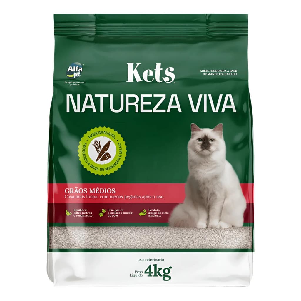 Areia Higiênica Kets Natureza Viva Grãos Médios Para Gatos 4 kg