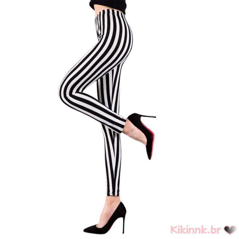Calça Legging Feminina Cintura Média Até O Tornozelo , Preta , Branca , Listrada Vertical