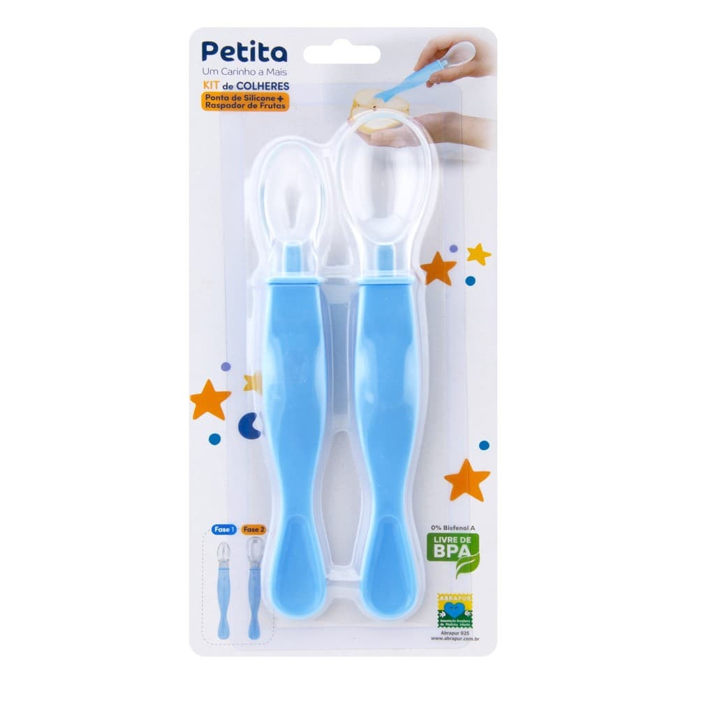 Kit colher silicone bebê azul ponta macia para papinha