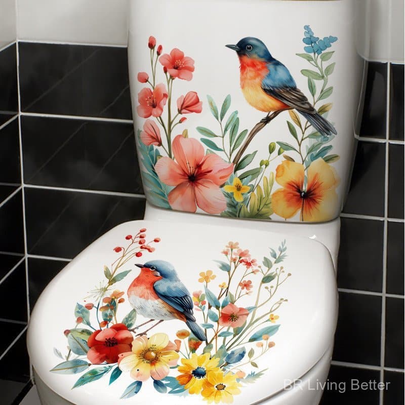 Adesivos de Banheiro com Flores e Pássaros Pintados Adesivos de Banheiro Florais Pequenos Animais Autoadesivos Removívei