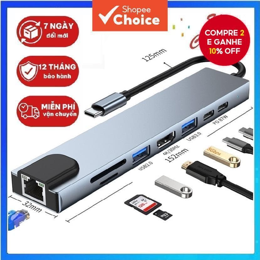 Estação de acoplamento 8 em 1 Type-C com porta Ethernet de 100Mbps, conversor USB, hub USB multifuncional OTG.