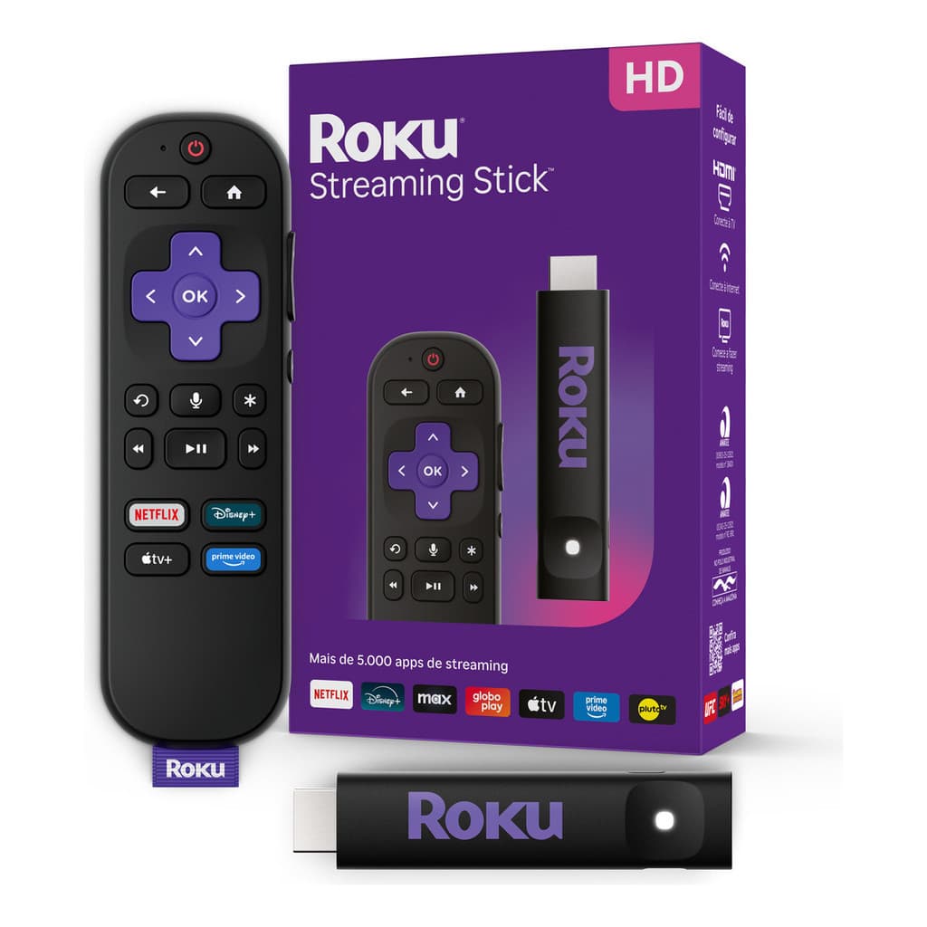 Roku Streaming Stick TVBox Aparelho Transforma TV em Smart Conversor Smart TV Controle Voz Wi-Fi Longo Alcance |