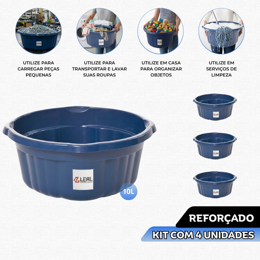 Kit com 2 ou 4 Bacias Plásticas Reforçadas 10 Litros Azul com Alças Profissional