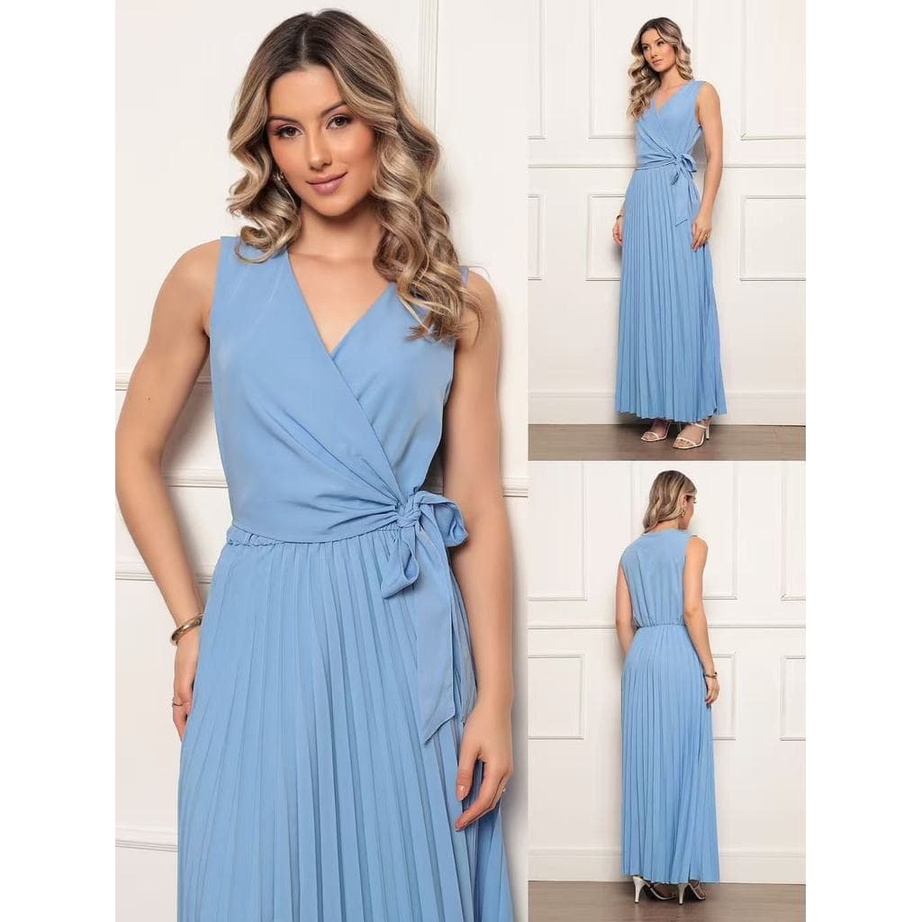 Vestido Longo Elegante Plissado Feminino Sem Manga Com Cintura Ajustável E Decote Em V Visual Leve Para Eventos De Verão
