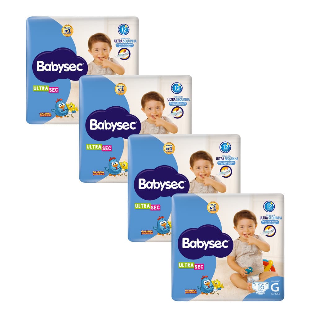 Kit Econômico 4x Fralda Babysec UltraSec Jumbinho G Galinha Pintadinha 16 unidades cada- Bebê sequinho por mais tempo