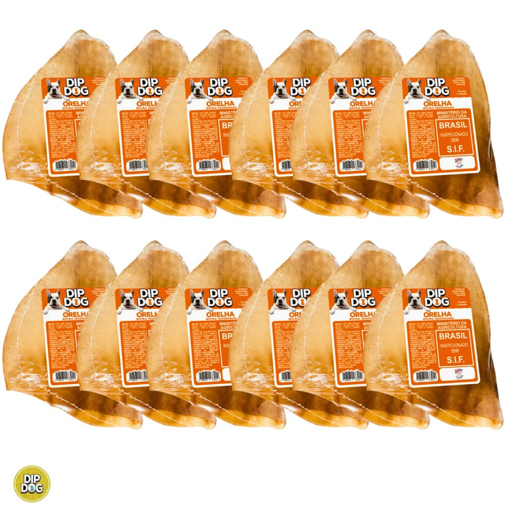 Kit 12 Petiscos Natural Orelhas Bovina Desidratada  Cachorro Pet Dip Dog