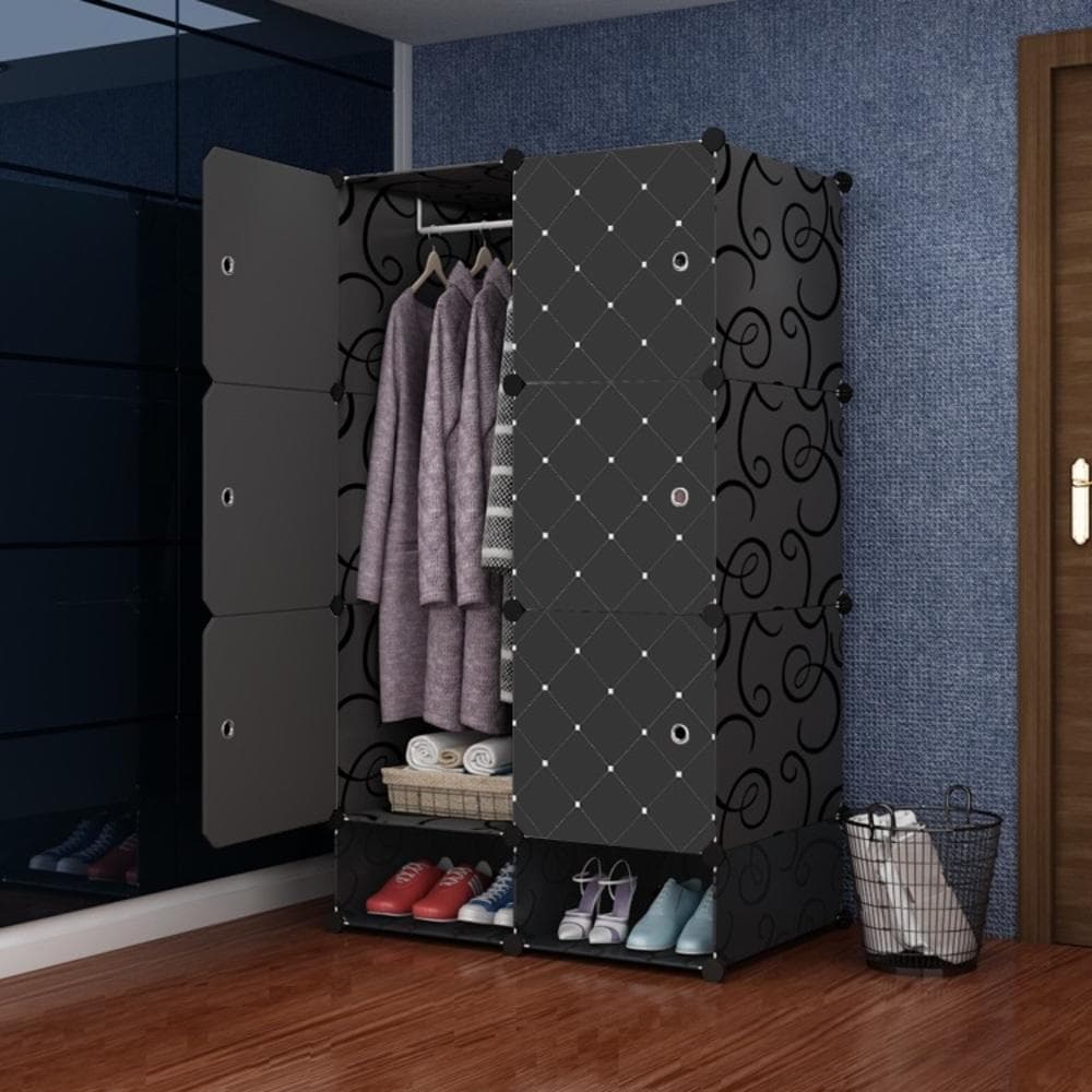 Armário Modular Portátil Preto Guarda-Roupa Vintage Calçados Cabideiro Estante Organizadora Multiuso