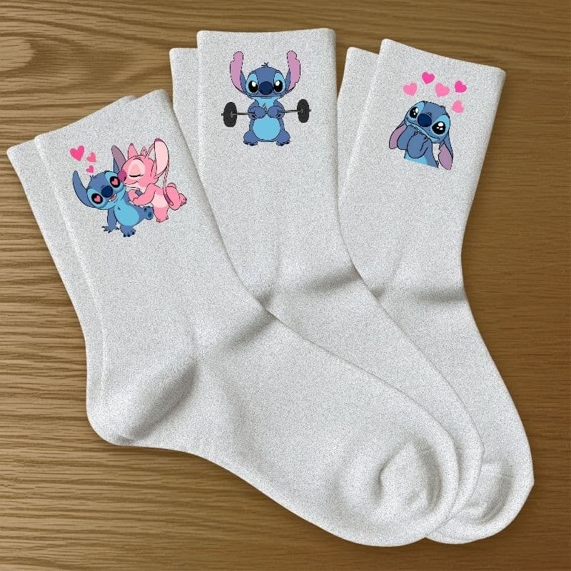 Kit 3 Pares Meias Femininas Stitch Algodão Estampadas Conforto