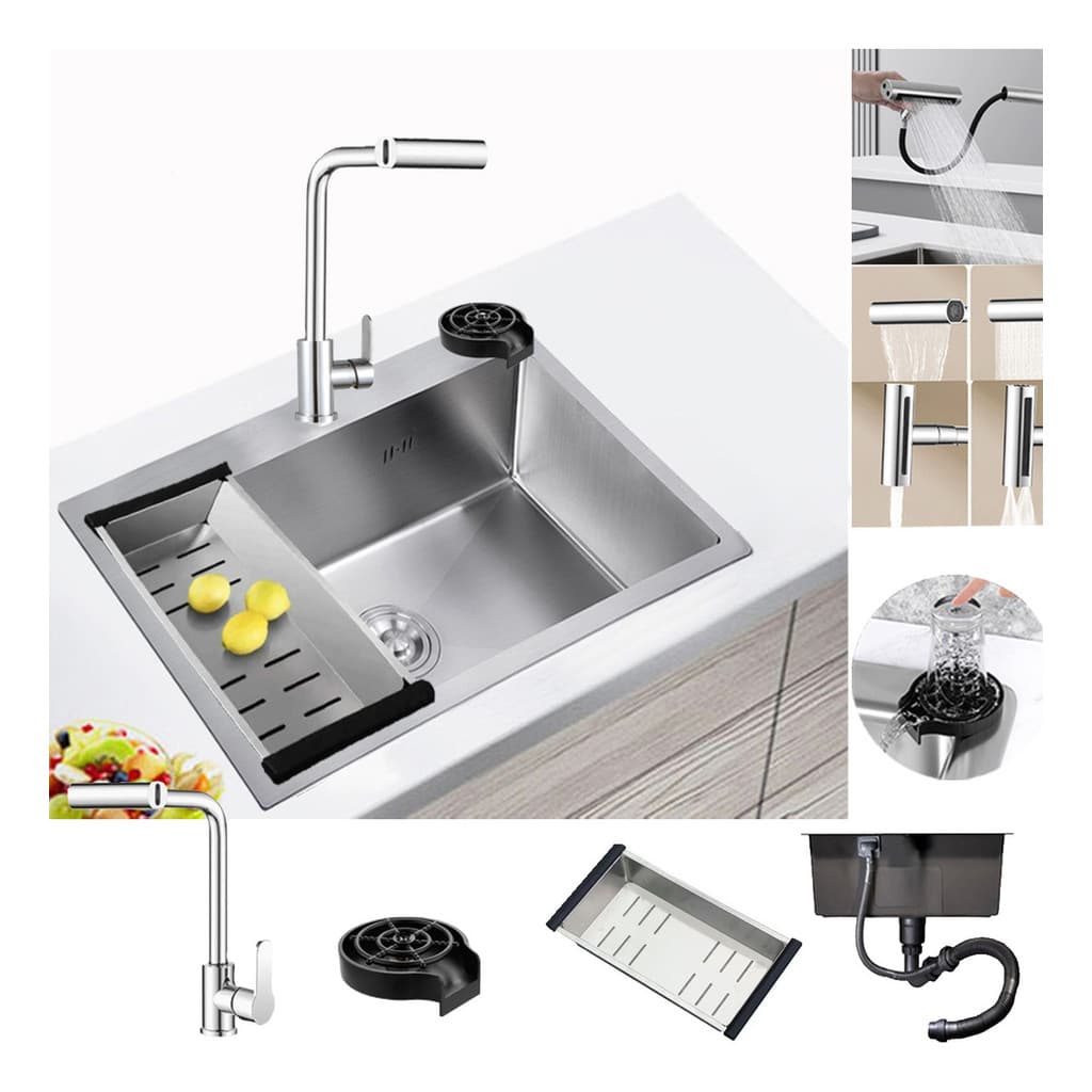Kit Cuba Pia Inox Gourmet Cozinha 60x45cm Com Torneira 360°