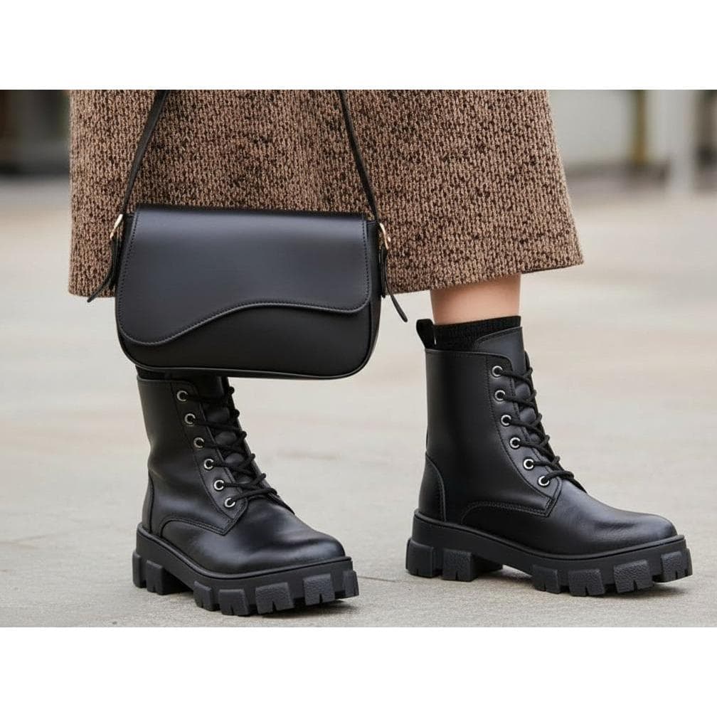Kit Bota Coturno Feminina Tratorada Motoqueira+ Bolsa Manu Lançamento Inverno