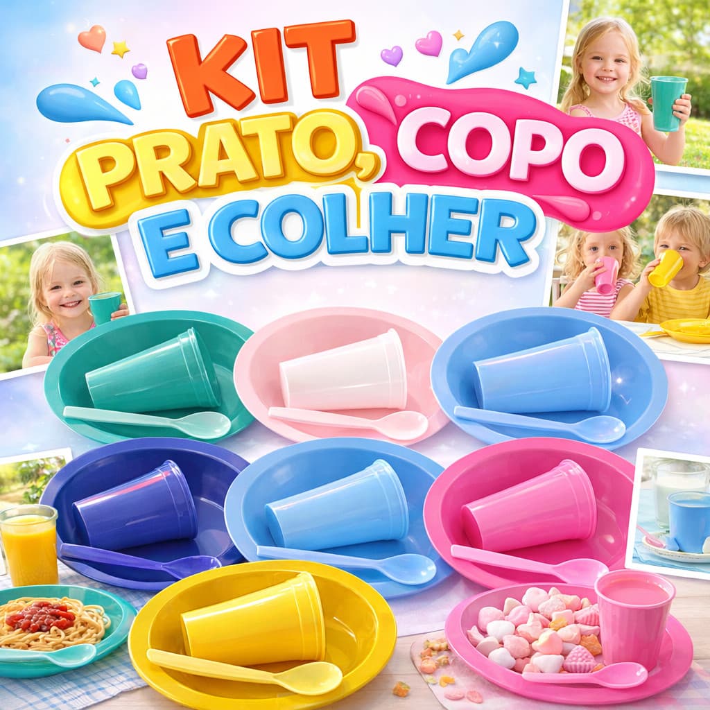 Prato sobremesa refeição bolo fruta redondo grande fundo copo colher colorido criança menino menina