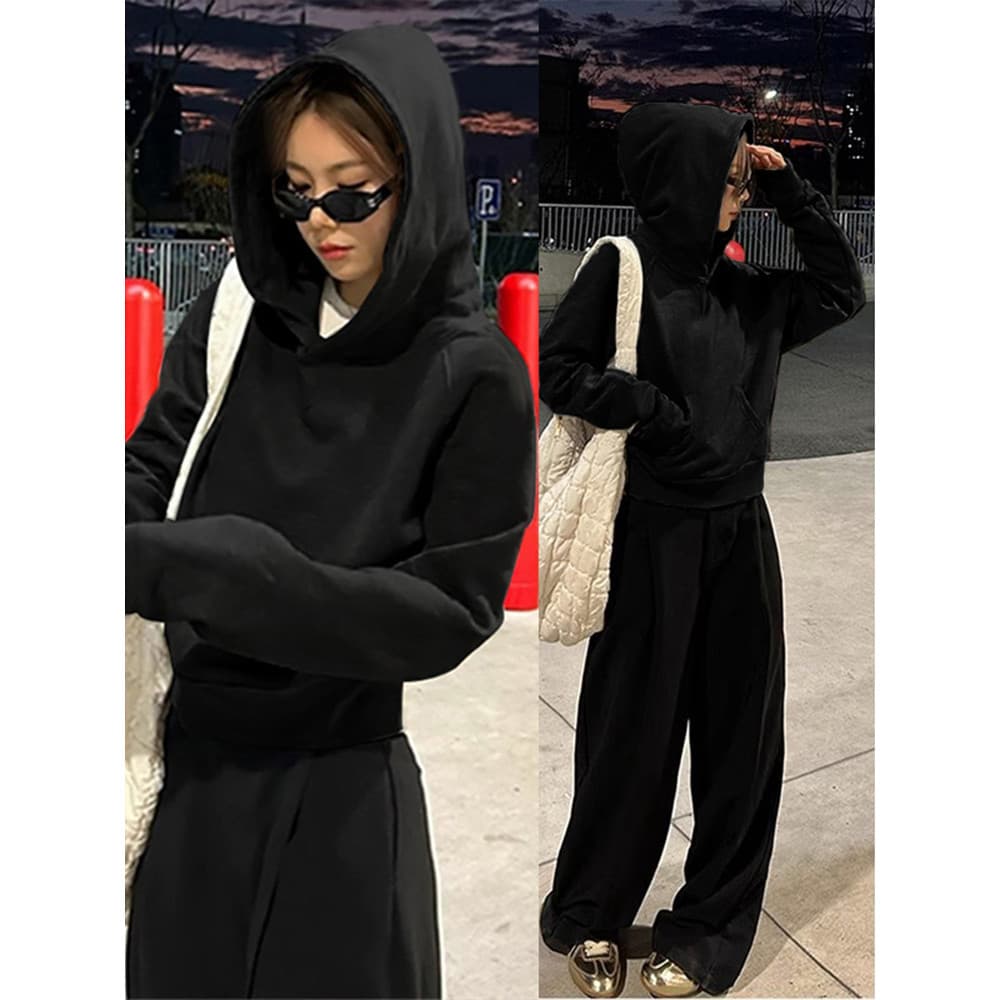 Preto estilo curto moletom com capuz feminino forro de lã 2026 novo estilo interior engrossado feminino pequeno ombro Fo