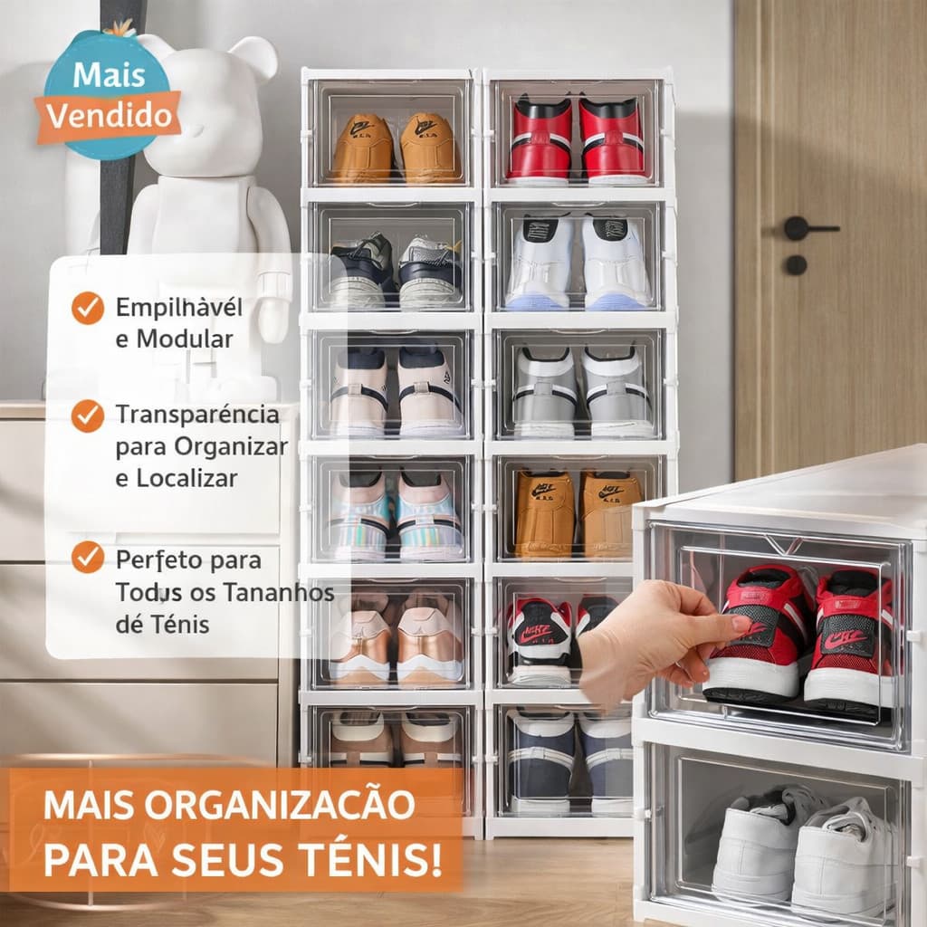 Sapateira 9 Andares Transparente Empilhável com Porta Frontal – Organizador de Sapatos Dobrável Anti Poeira