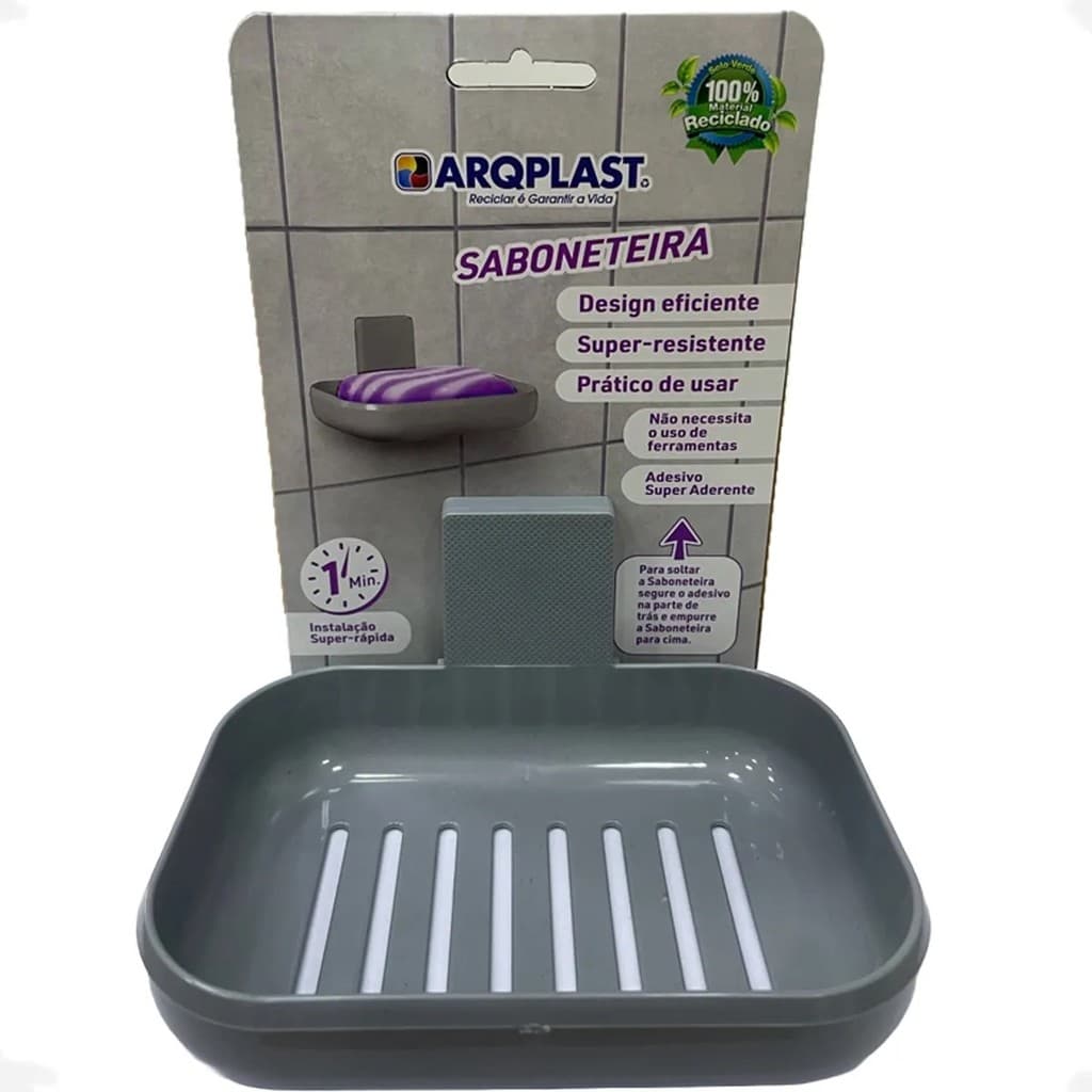 Saboneteira Com Suporte De Fixação Adesivo Para Parede Cinza