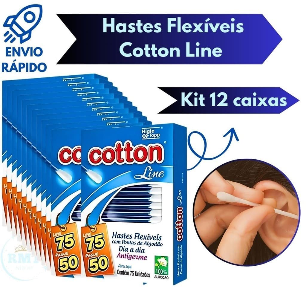 Kit 900 Unidades Hastes Flexíveis Com Pontas De Algodão Cotton Line 12 Caixas Com 75 Unidades Cada