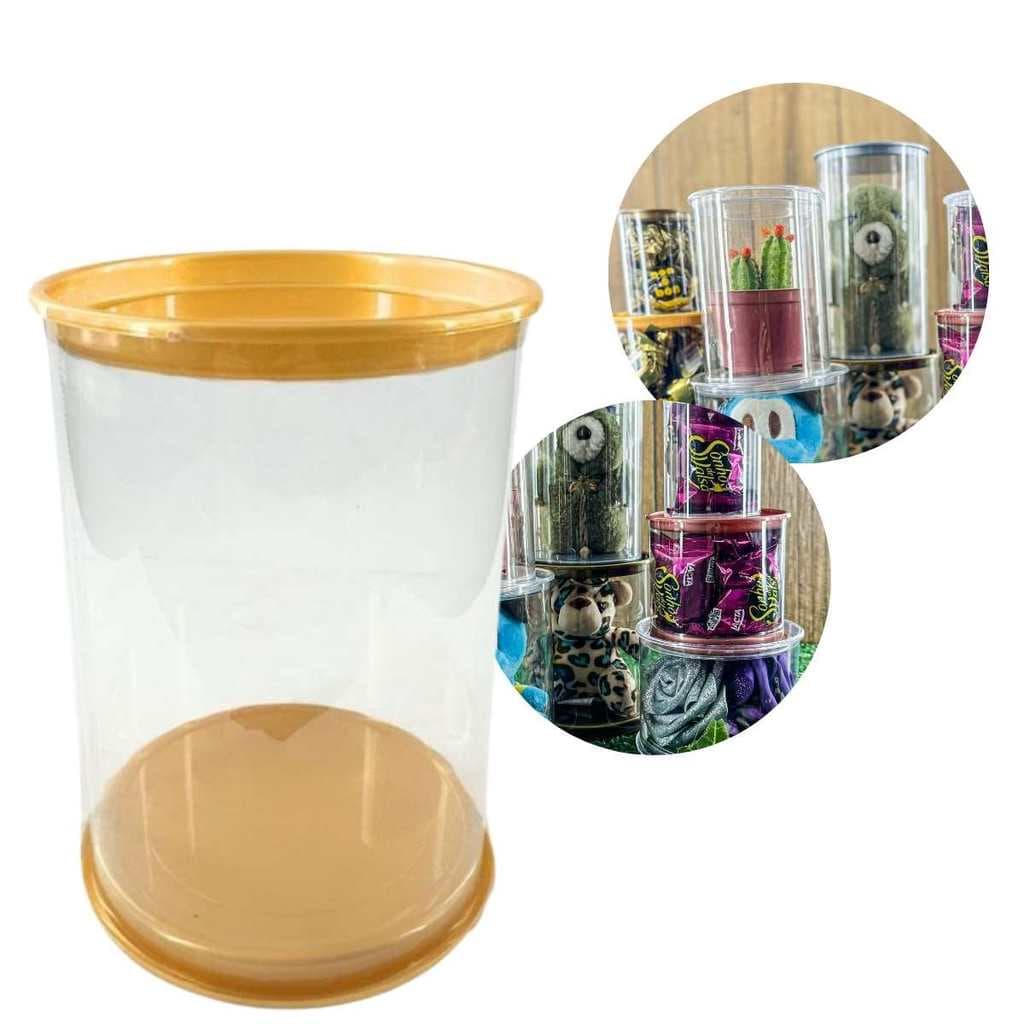 CX 12 Tubo Lata PET  Transparente 8 X 12 CM Tampa Dourado