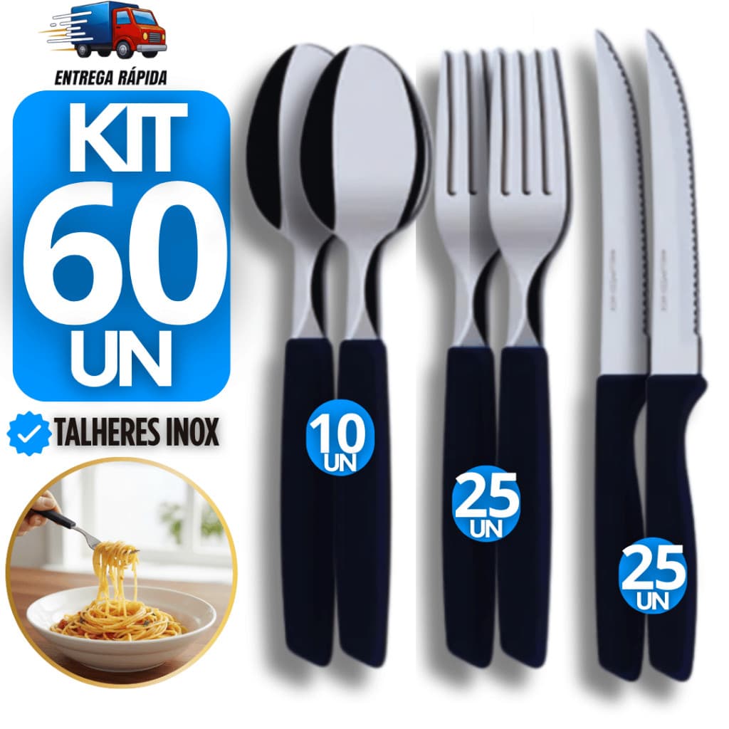 Jogo 60 Talher Cabo Preto Inox 25 Garfo 25 Faca 10 Colheres Plástico Mesa Cozinha Utilidade talher