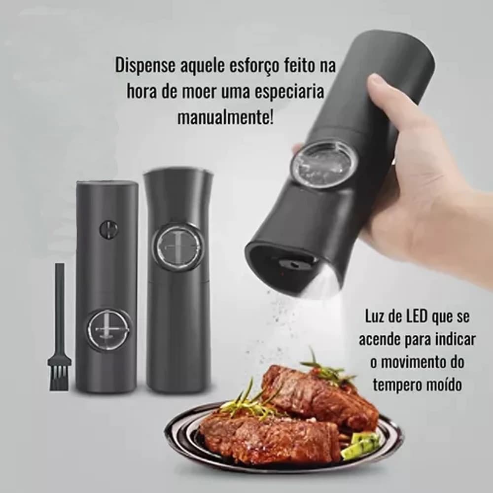 Moedor Elétrico de Temperos Ajustável com LED - Sal, Pimenta e Grãos