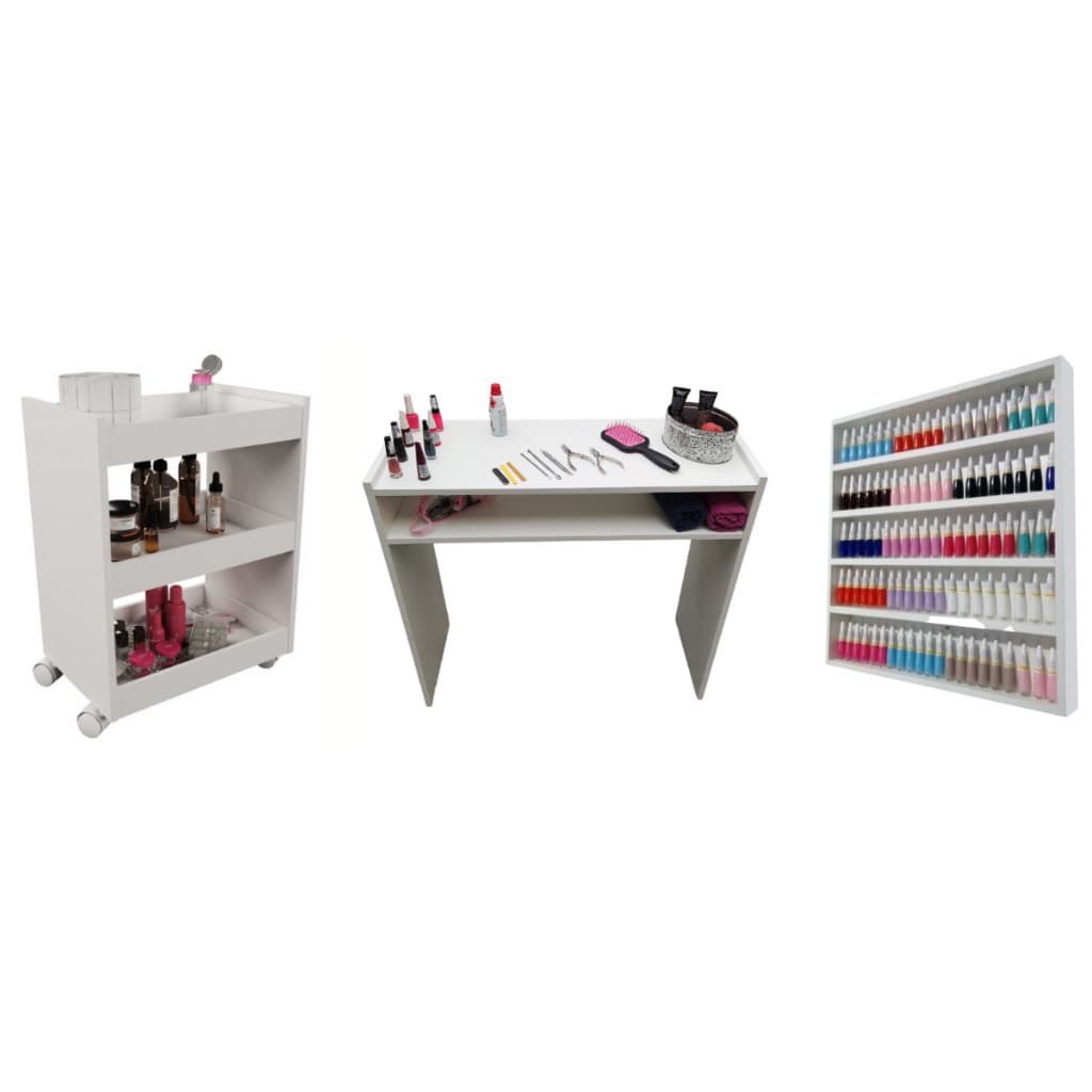 Kit Para Manicure Com Mesa + Prateleira de Esmaltes + Carrinho Auxiliar com 3 Bandejas e Rodinhas MDF