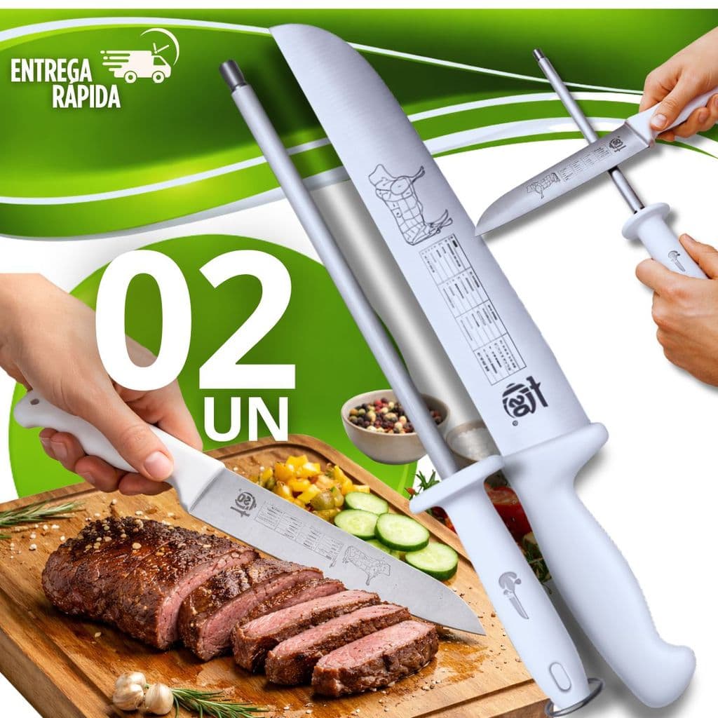 Kits 2 Peças  1-Faca Açougueiro 8" + 1- Chaira 10" Profissional Estriada Afiador em Aço Inox Facas Açougue chef