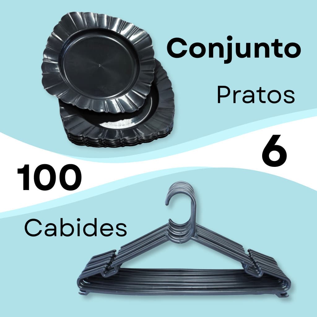 Kit 100 cabides Resistente Antideslizante Envio Imediato Direto da Fabrica com 6 Pratos Pretos