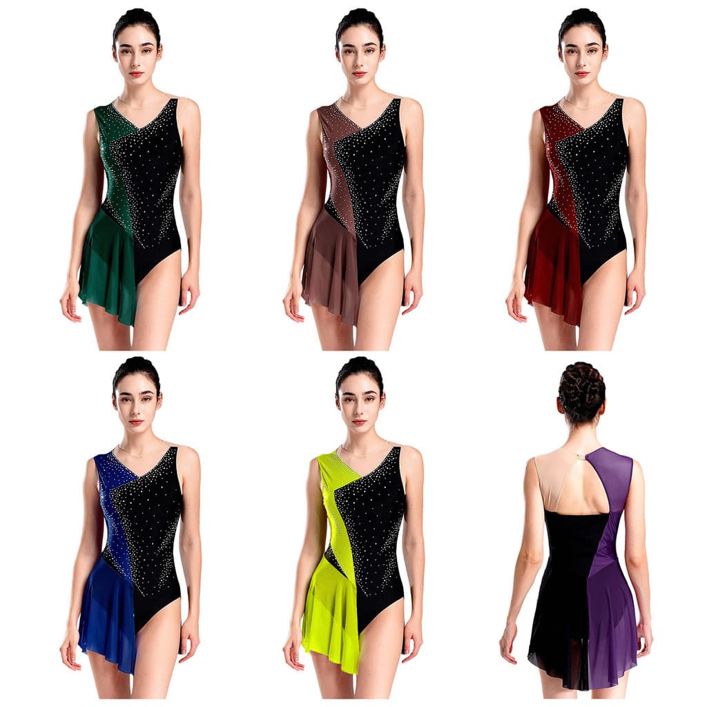 inhzoy Feminino Patinação Artística Dança Traje Brilhante Strass Bloco De Cores Sem Mangas Recorte Volta Pura Malha Reta