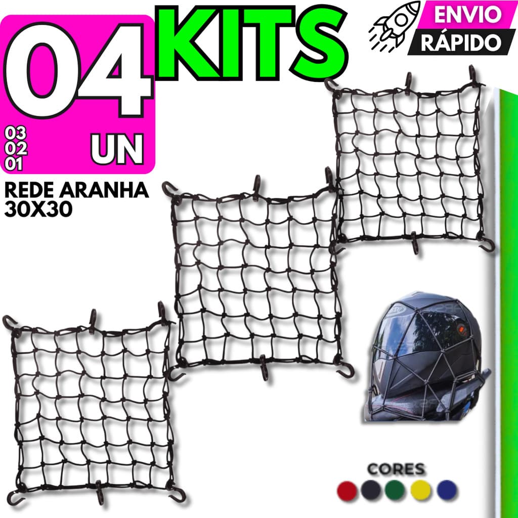 Tela Rede Elástica Aranha 30x30cm Moto Carga Segura 6 Ganchos Extra Forte Ideal Delivery e Motoboy