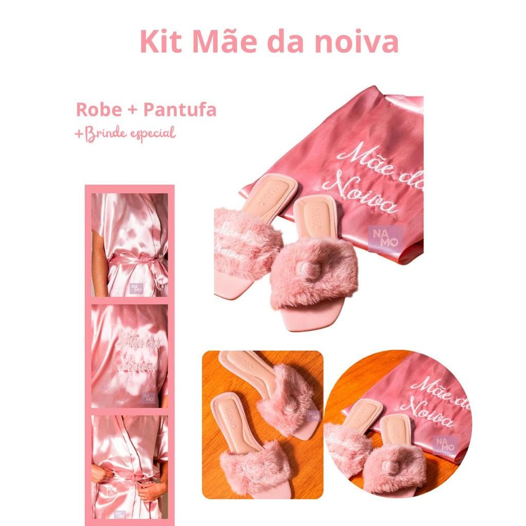 Kit Premium Mãe da Noiva Robe Cetim Rose Gold + Pantufa Pelúcia Branco