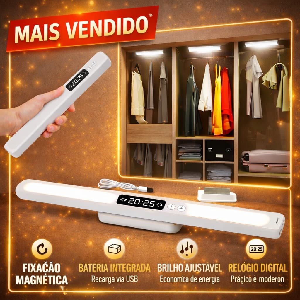 Luminária Bastão LED Touch Relógio Digital 3 Tons De Branco Magnética Sem Fio Recarregável USB Portátil Premium