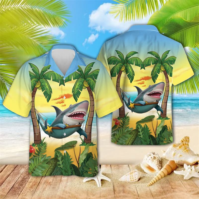 Camisa Havaiana Masculina com Estampa de Tubarão, Roupa de Praia com Padrão de Animal Engraçado, Camisa Aloha Surf com G