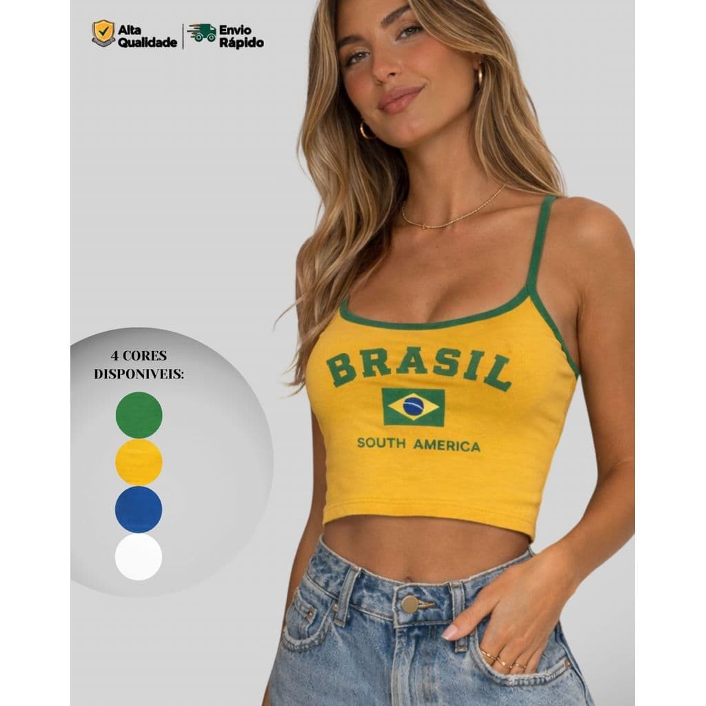 Regata Feminina Brazil Amarela com bandeira do Brasil Feminina Estampada Bandeira Original