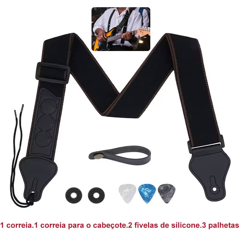 Correia para Violão e Guitarra com Porta Palhetas – Conforto e Praticidade no Palco